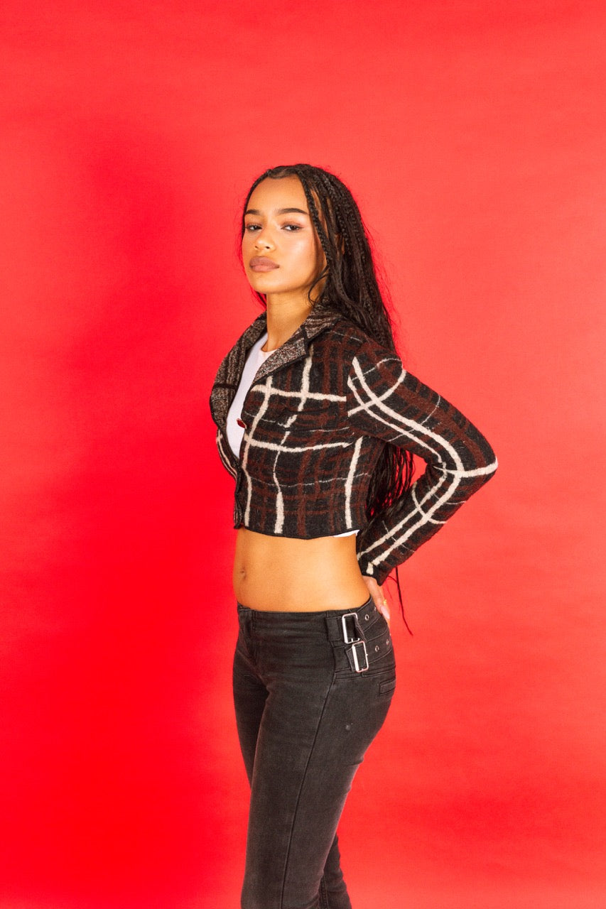 Jean Paul Gaultier Maille Mohair Wool Cropped Check Blazer