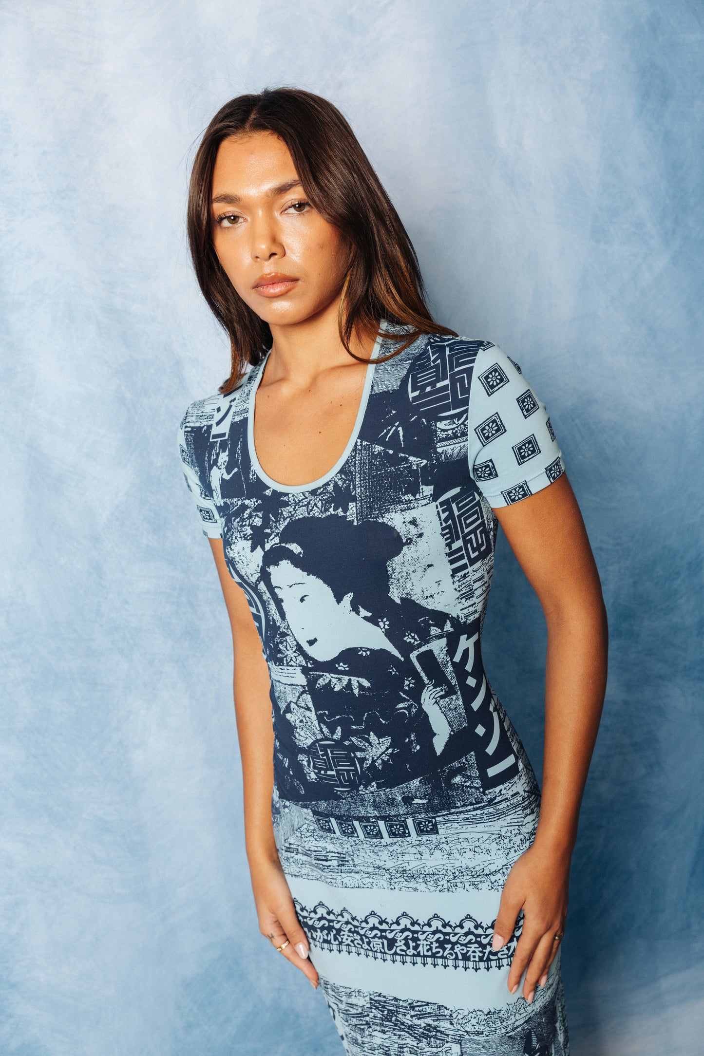 1990's Kenzo Jeans Geisha Print Stretch Maxi Dress