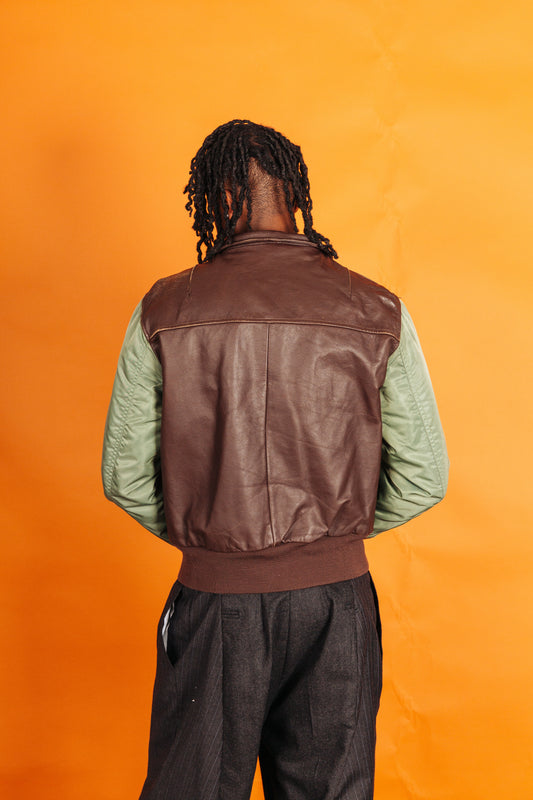 F-17 Type Nylon Sleeve Leather Bomber Jacket