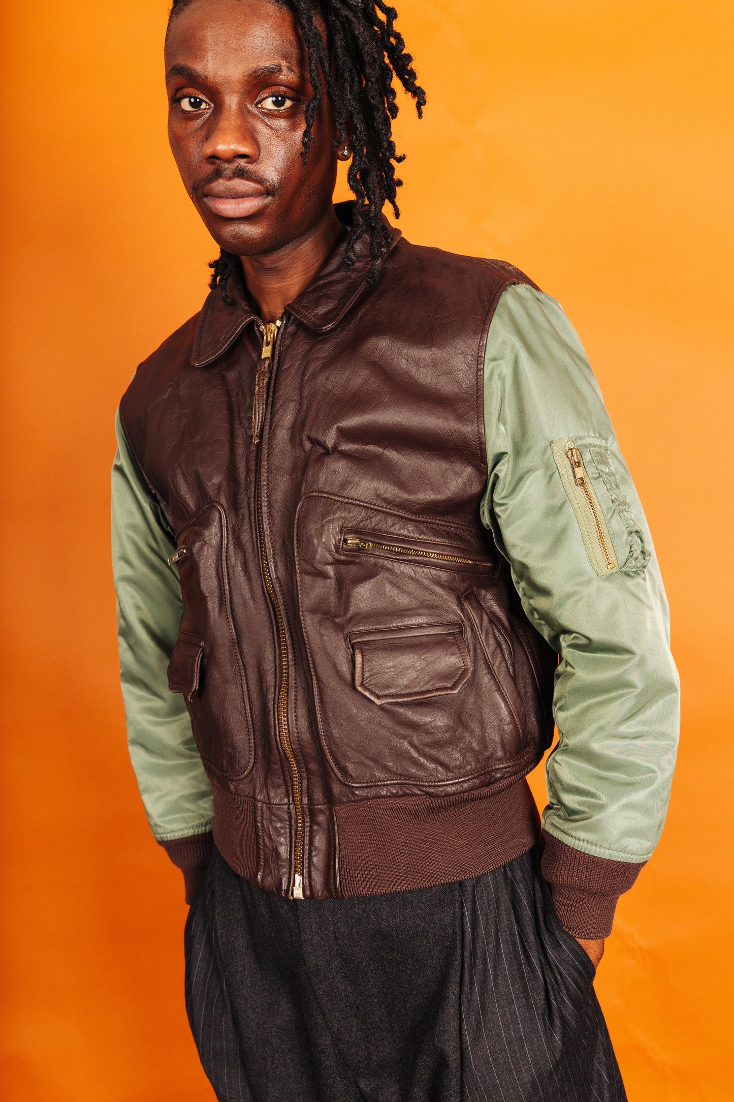 F-17 Type Nylon Sleeve Leather Bomber Jacket