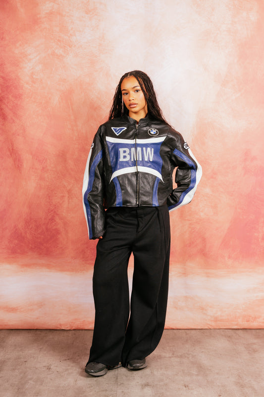 VT Rework: BMW Blue Two Tone Cropper Racer Leather Jacket