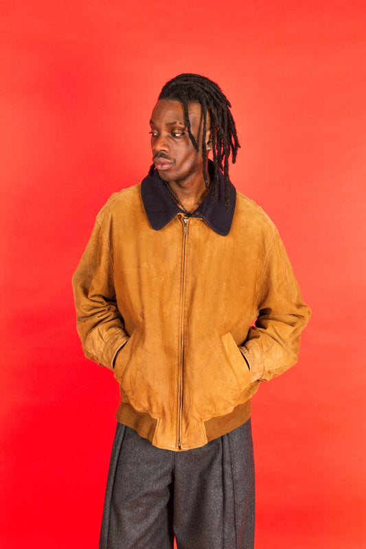 1990's Burberry Tan Leather Wool Trim Bomber Jacket