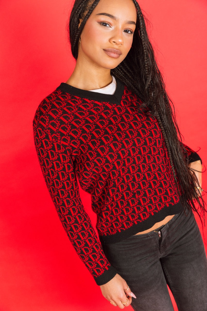 Christian Dior Red Monogram Knitted Sweater. SC:5782