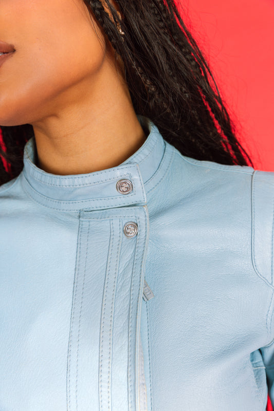 1970s Gucci Baby Blue Asymmetrical Leather Jacket SC: 5782