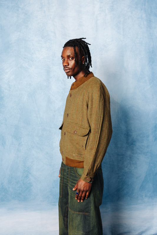 1990's Burberry Khaki Tweed Knit Collar Bomber Jacket
