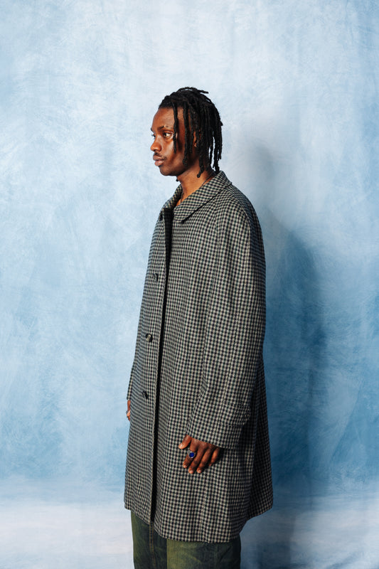 Burberry Navy Houndstooth Wool Overcoat