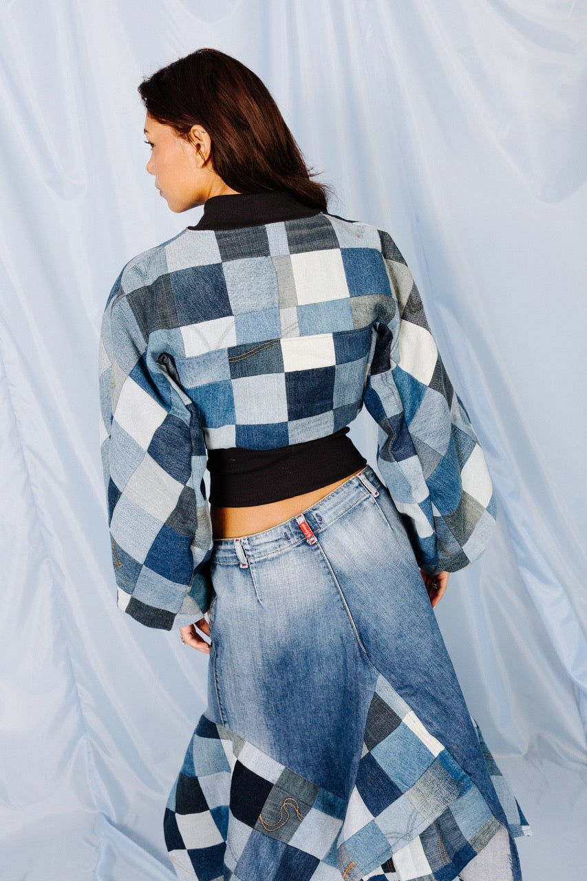 VT Rework: Cropped Denim Oversized Sleeve Patchwork Bomber Jacket