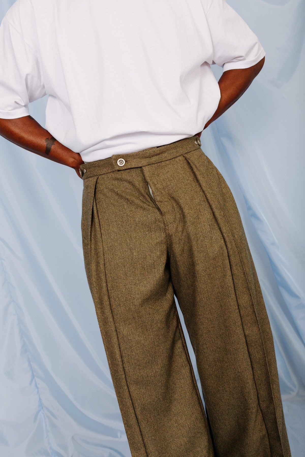 VT Rework: Khaki Tweed Oversized Pleated Trousers