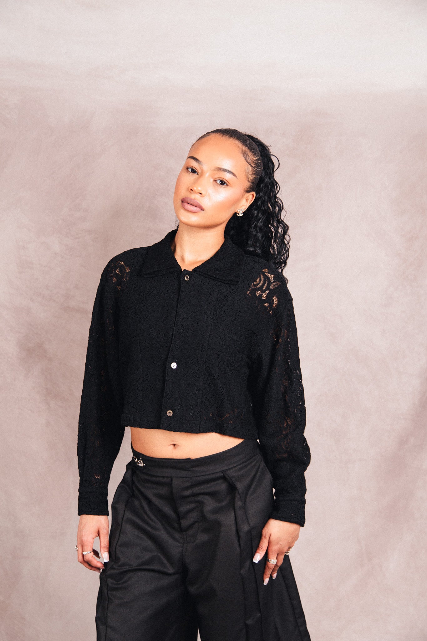 Comme Des Garcons Black Lace Cropped LS Shirt