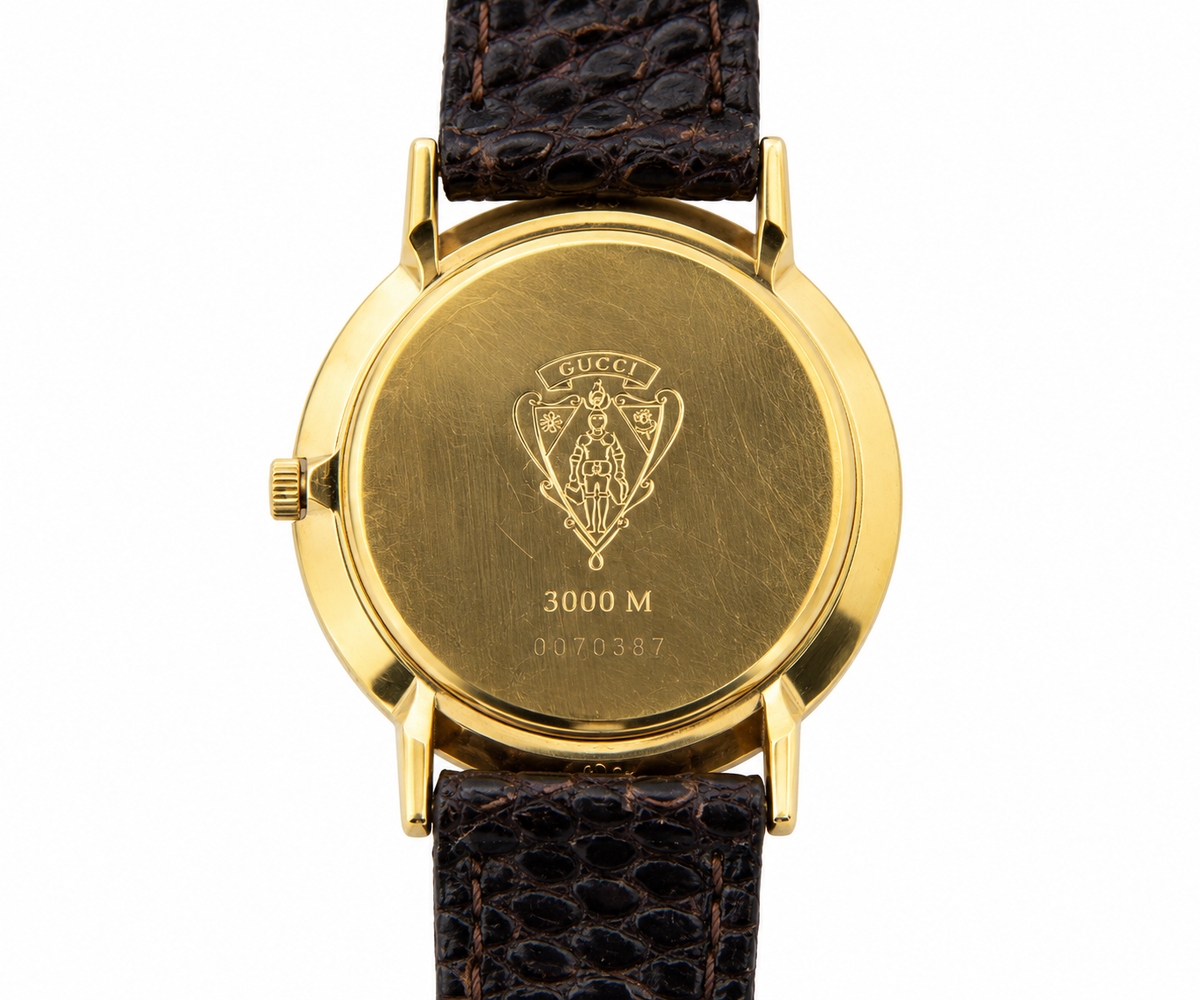1990s Gucci 3000M Champagne Dial Brown Leather Strap Watch(1511-GUC-L). LWM864