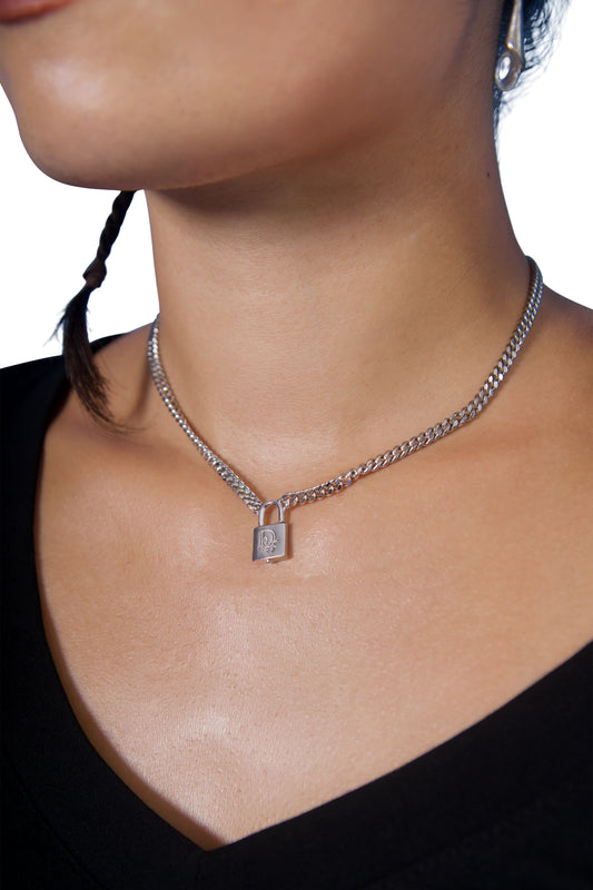 Christian Dior Padlock Charm Silver Chain Necklance