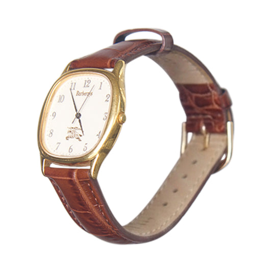 1990s Burberry Gold Steel Brown Croc Strap Watch (4631-E66084)