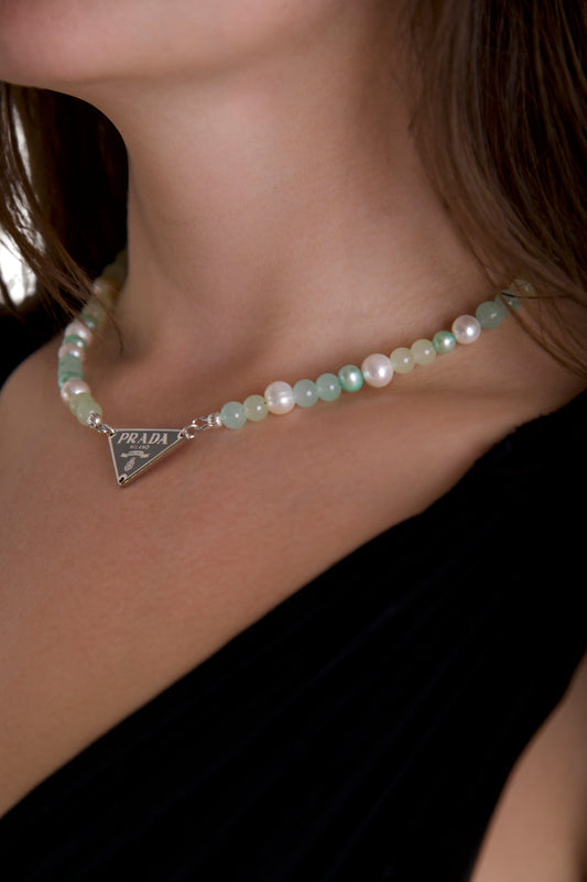 VT Rework: Prada Embellem Amazonite and Pearl Beaded Necklace