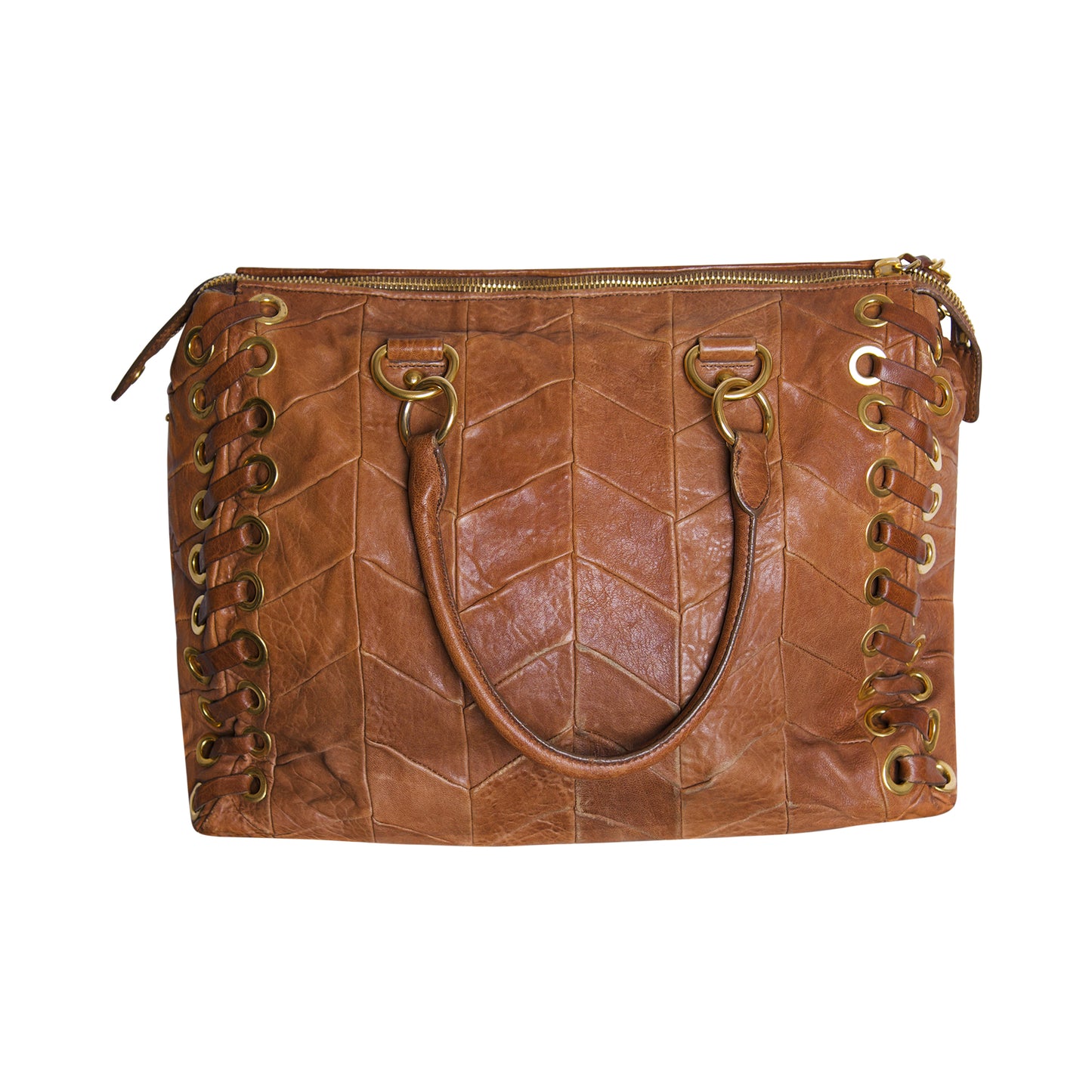 Miu Miu Tan Chevrom Leather Grommet Tote Bag