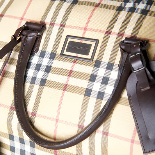 Burberry Nova Check Brown Leather Strap Weekend Bag