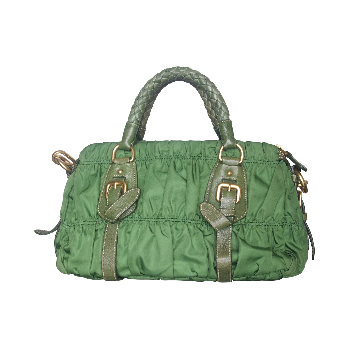 Prada Tessuto Gaufre Olive Ruched Sachel Bag