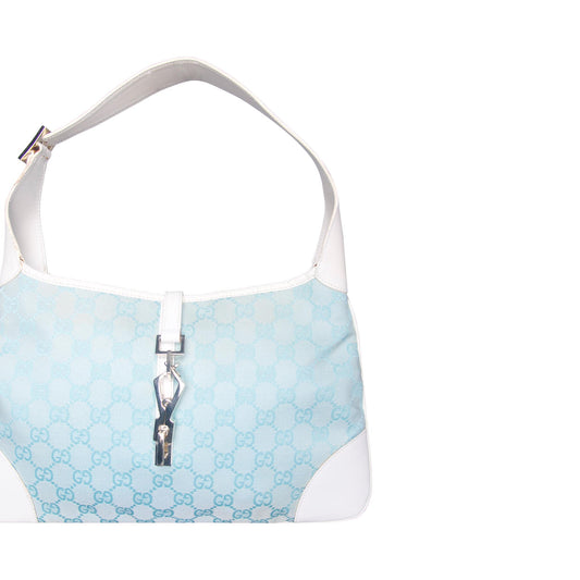 2000s Gucci Pale Blue GG Monogram White Leather Strap Jackie Bag