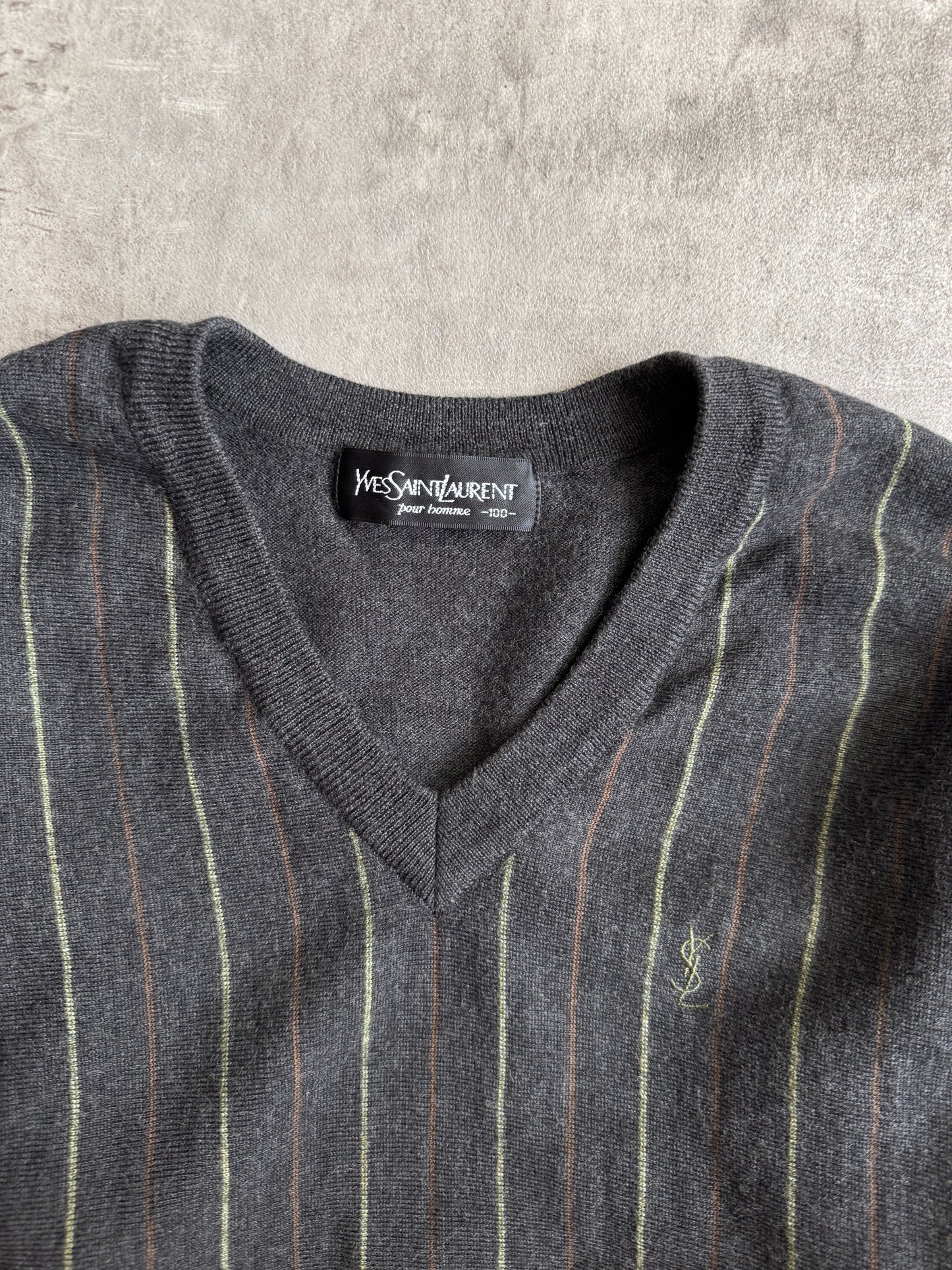 YSL Grey Stripe V Neck Sweater