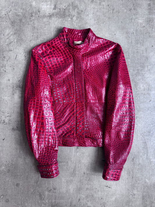 Pinko Croc Cherry Red Leather Jacket