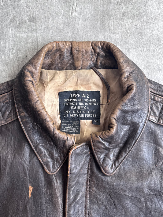 1990's Avirex A-2 Distressed Brown Leather Flyers Bomber Jacket