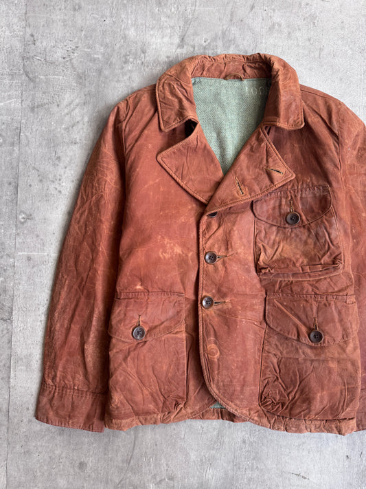 Kapital Asymmetrical Distressed Brown Wax Coated Hunting Jacket