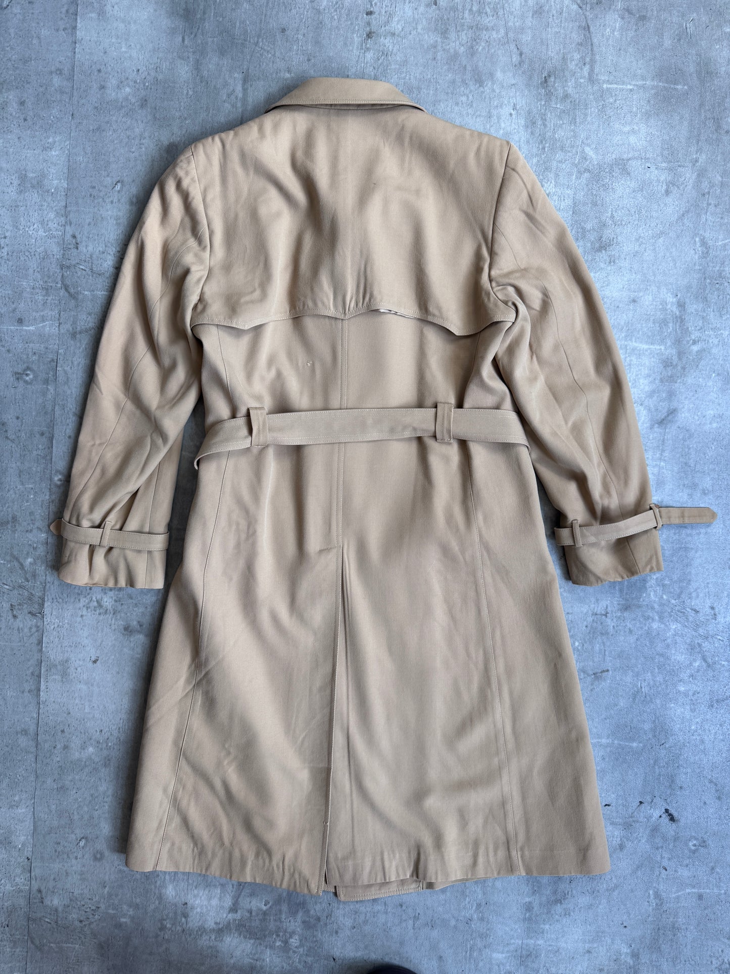1990s Christian Dior Silk Lined Camel Double Breasted Trench Coat
