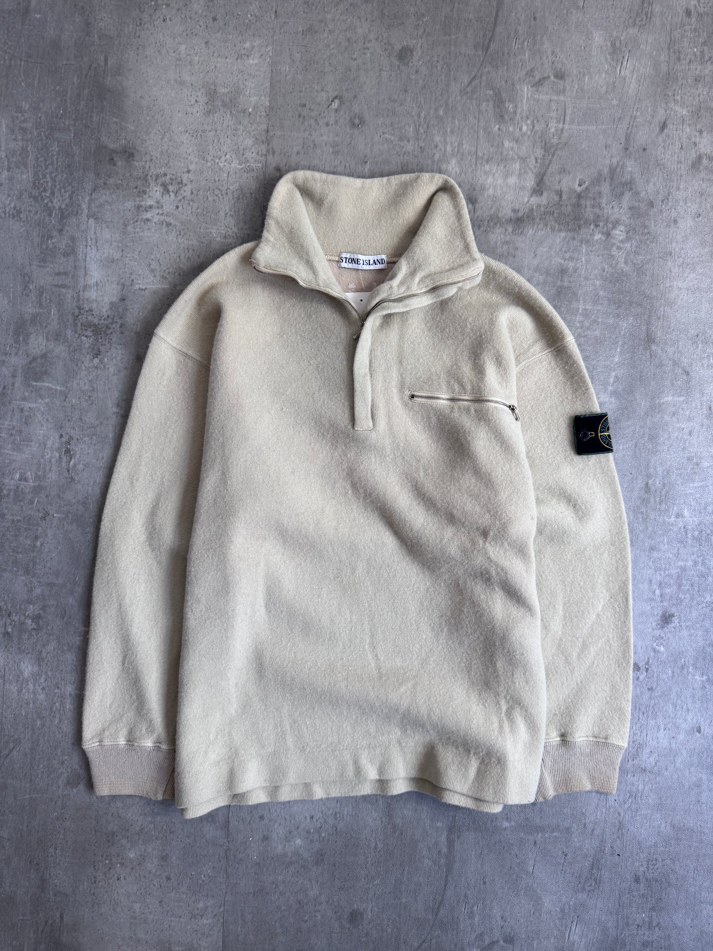 1990s Stone Island Beige Soft Wool Quarter Zip Sweater