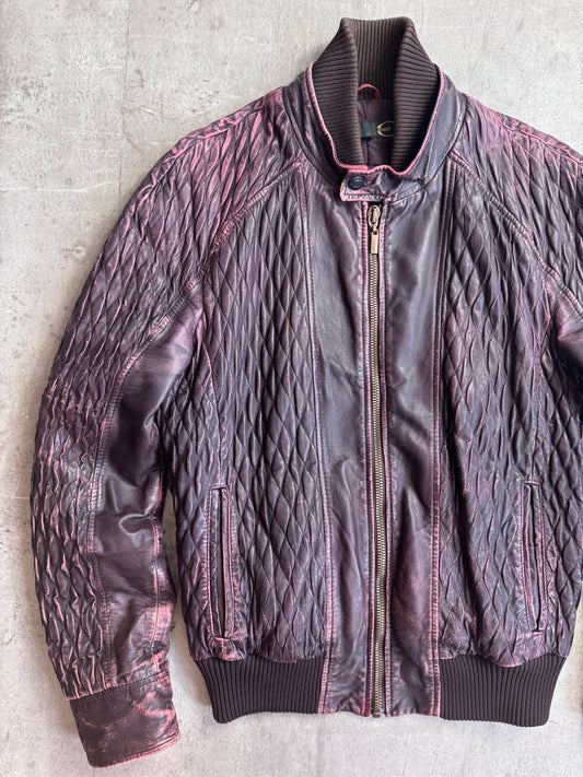 Cavalli Distressed Double Collar Ruched Leather Moto Jacket