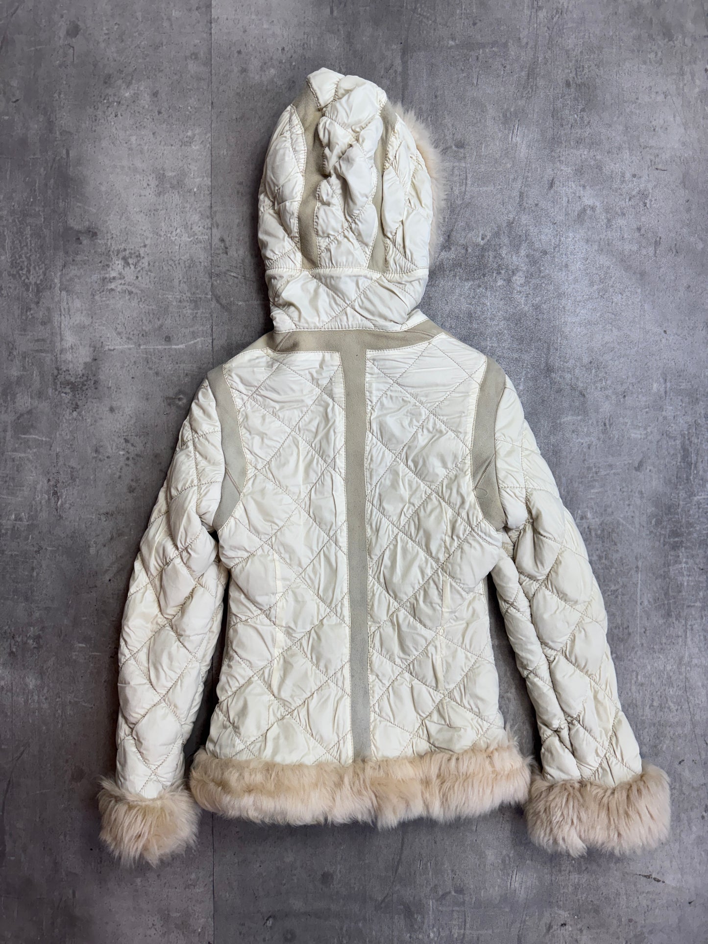 Moncler Fur Suede Trim Beige Quilted Hooded Jacket