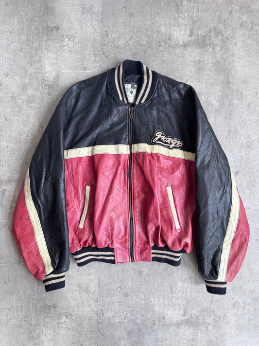 Giorgio Tri Tone Spellout Leather Bomber Jacket