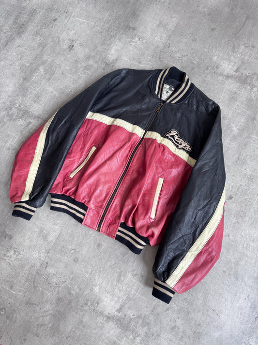 Giorgio Tri Tone Spellout Leather Bomber Jacket