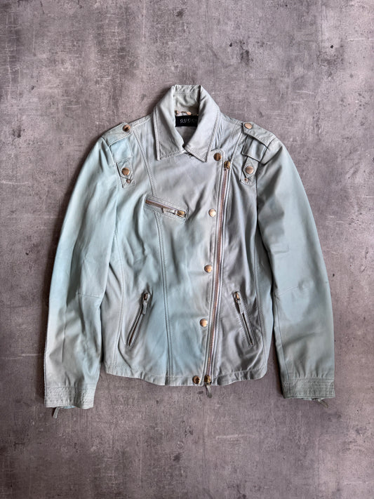 Gucci Teal Blue Lambskin Leather Biker Jacket