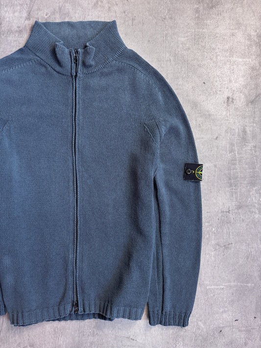 S/S 2003 Stone Island Washed Petrol Blue Zip Knit Sweater