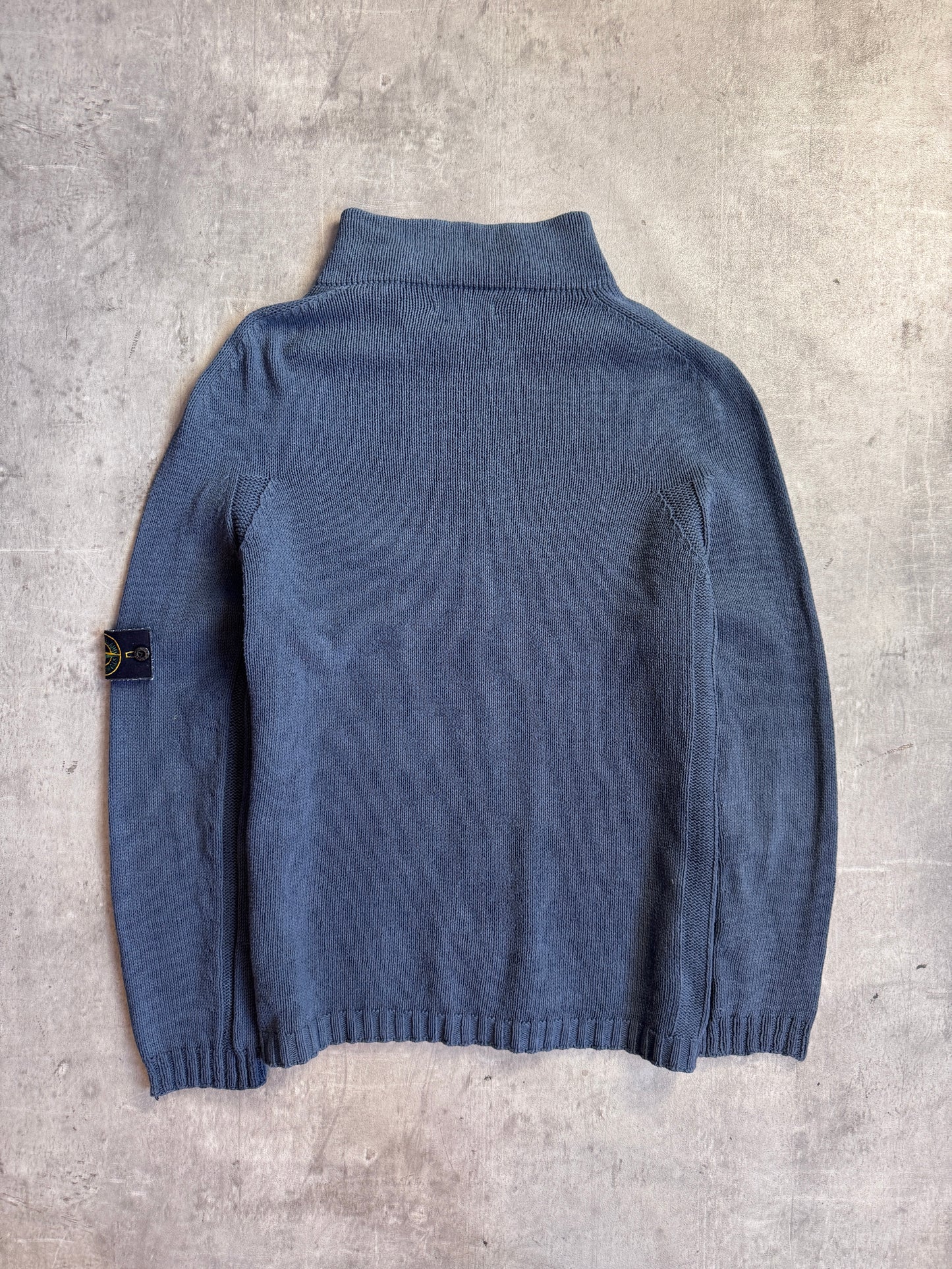 S/S 2003 Stone Island Washed Petrol Blue Zip Knit Sweater