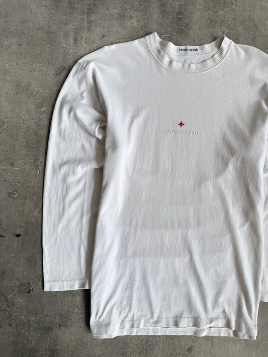 1990's Stone Island White LS Embroidered Spellout Tee
