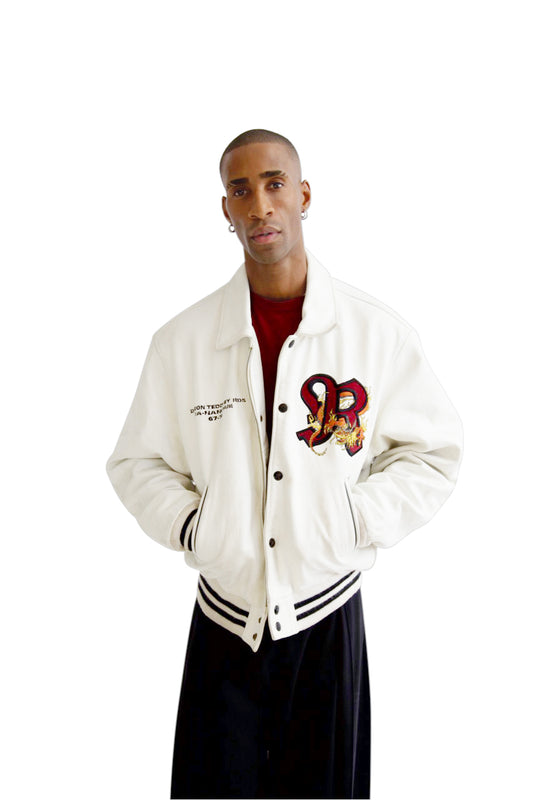 Redskins Dragon Embroidered White Leather Varsity Jacket