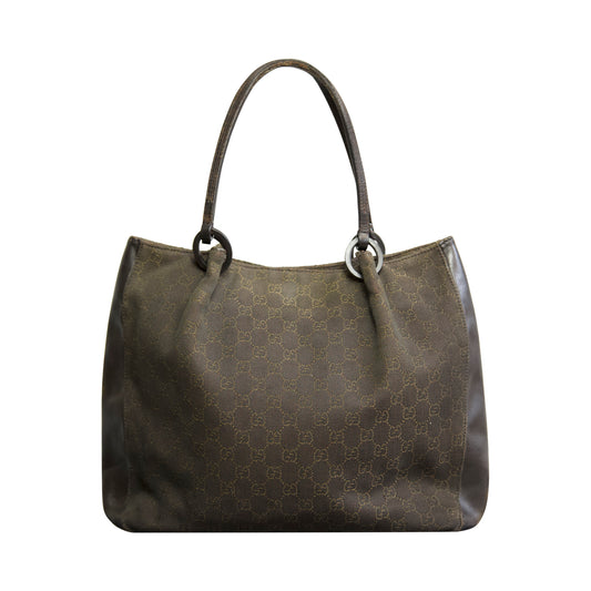 Gucci GG Canvas Dark Brown Leather Handle Tote Bag