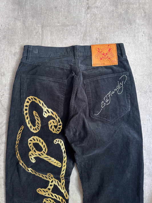 Ed Hardy Black Gold Foil Graphic Corduroy Trousers