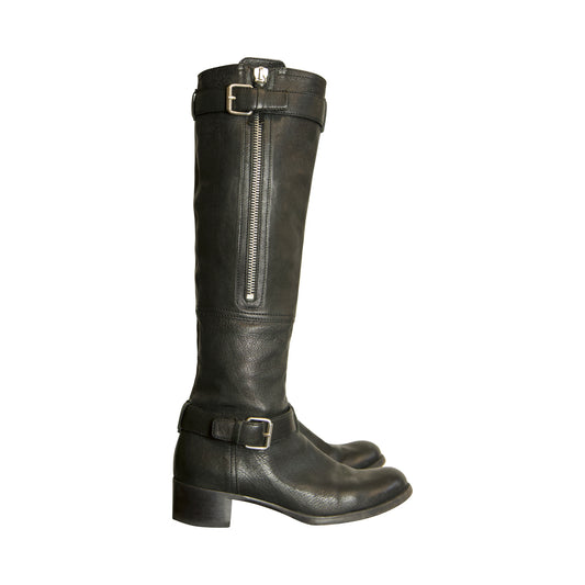Miu Miu Brown Leather Knee Length Buckled Boots