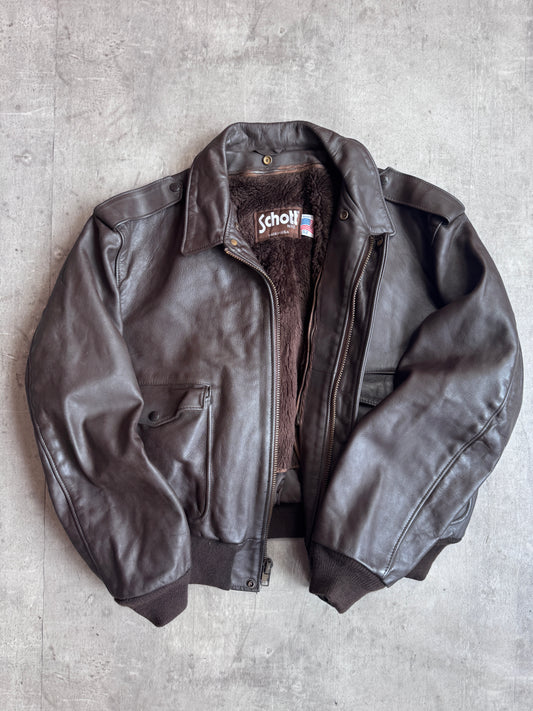 Schott Fleece Lined Brown Leather Flight Jacket