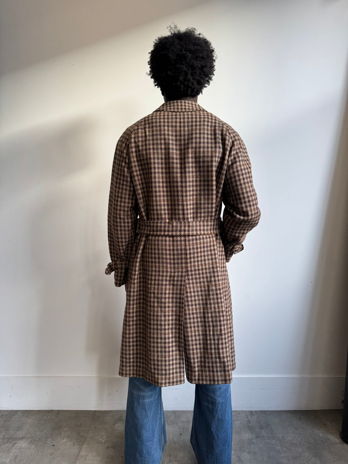 1980's Aquascutum Brown Houndstooth Tweed Belted Overcoat