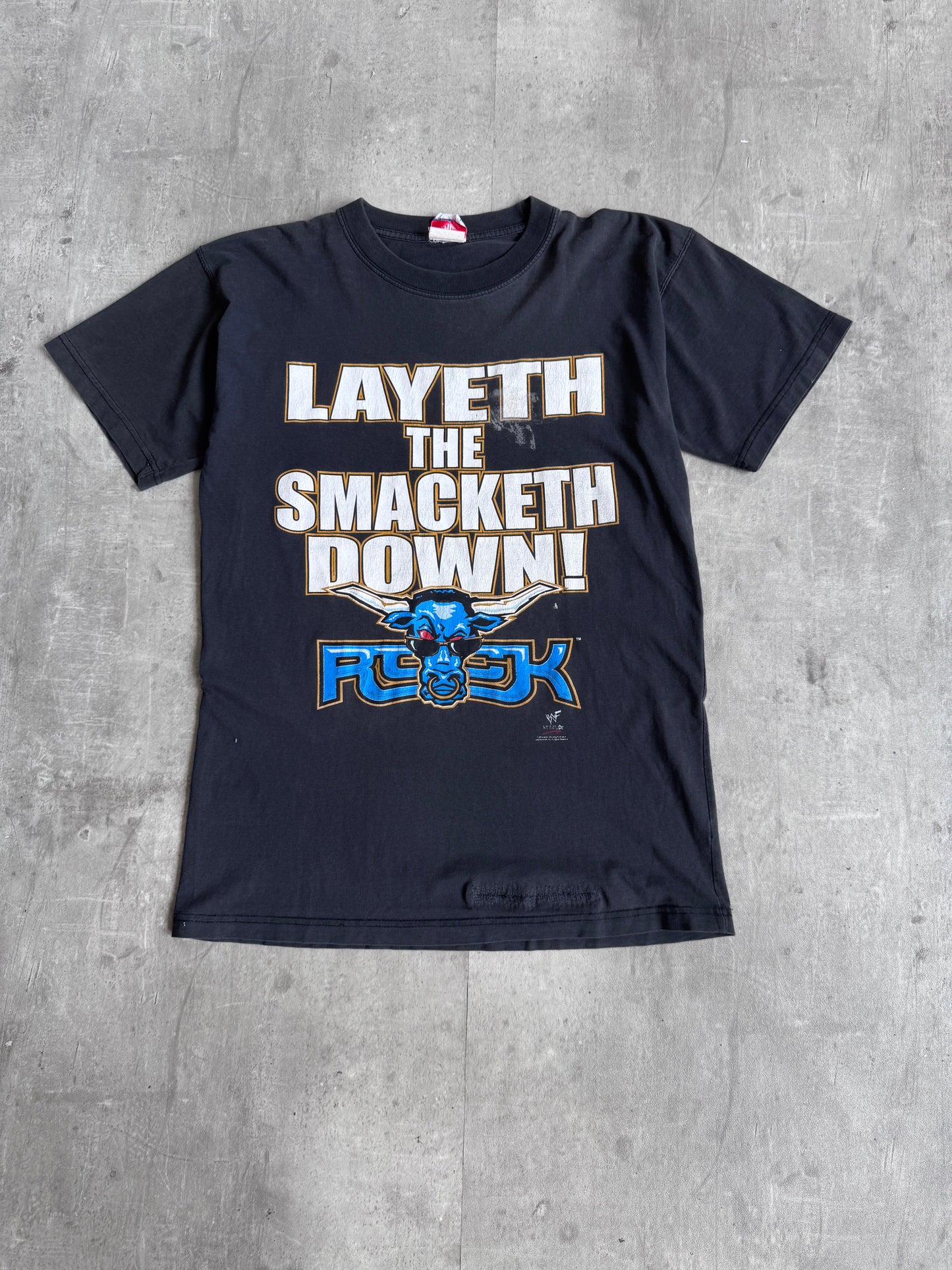 2000 WWE The Rock "Layeth The Smacketh Down" Washed Black Graphic Tee