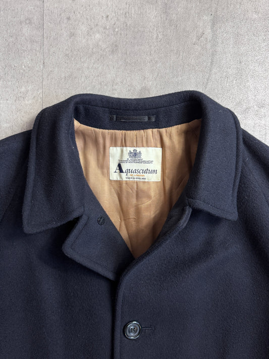 Aquascutum Navy Wool House Check Lined Heavy Overcoat