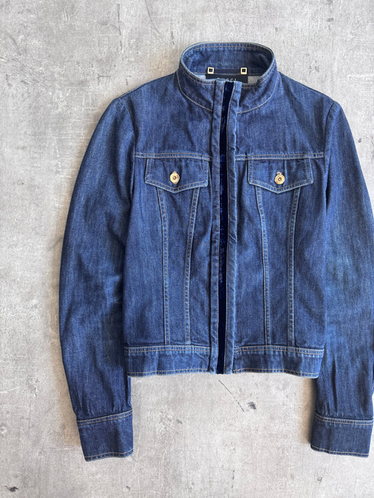 2004 Gucci Velvet Panel Mock Neck Denim Moto Jacket SC: 5782
