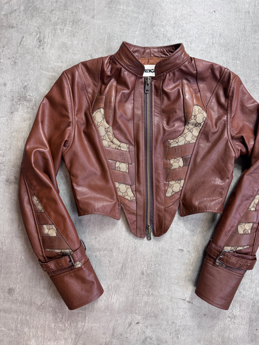 VT Rework: Gucci Monogram Tongue Brown Leather Cropped Jacket