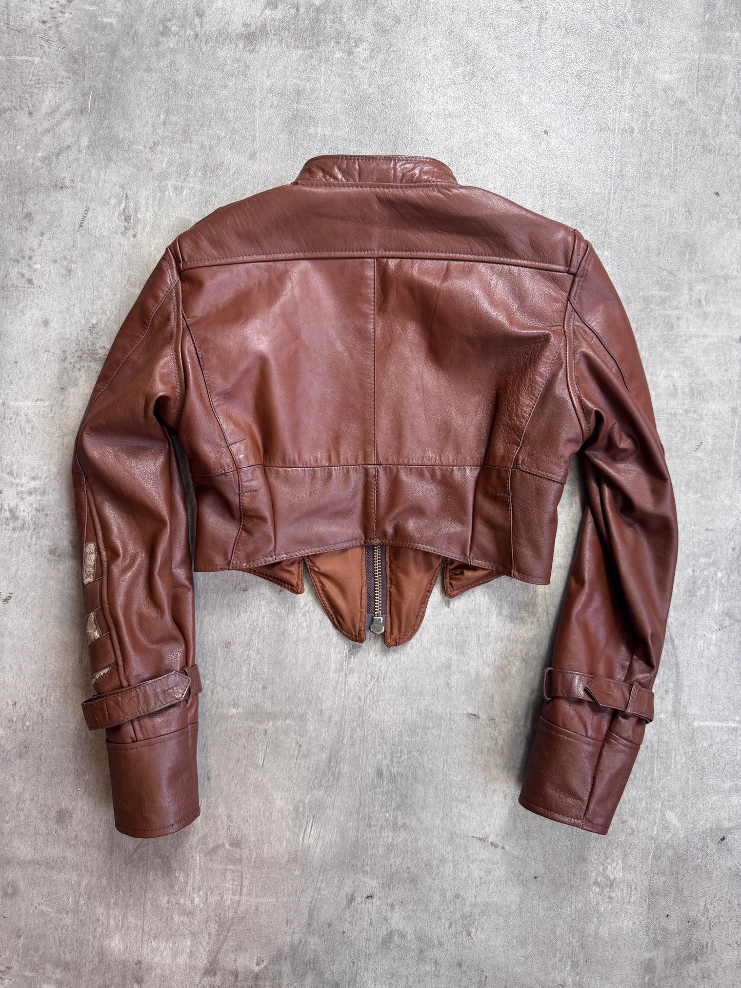 VT Rework: Gucci Monogram Tongue Brown Leather Cropped Jacket