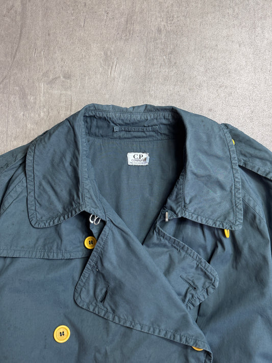 1980s C.P. Company Petrol Blue Garment Dyed Double Breasted Cotton Trench