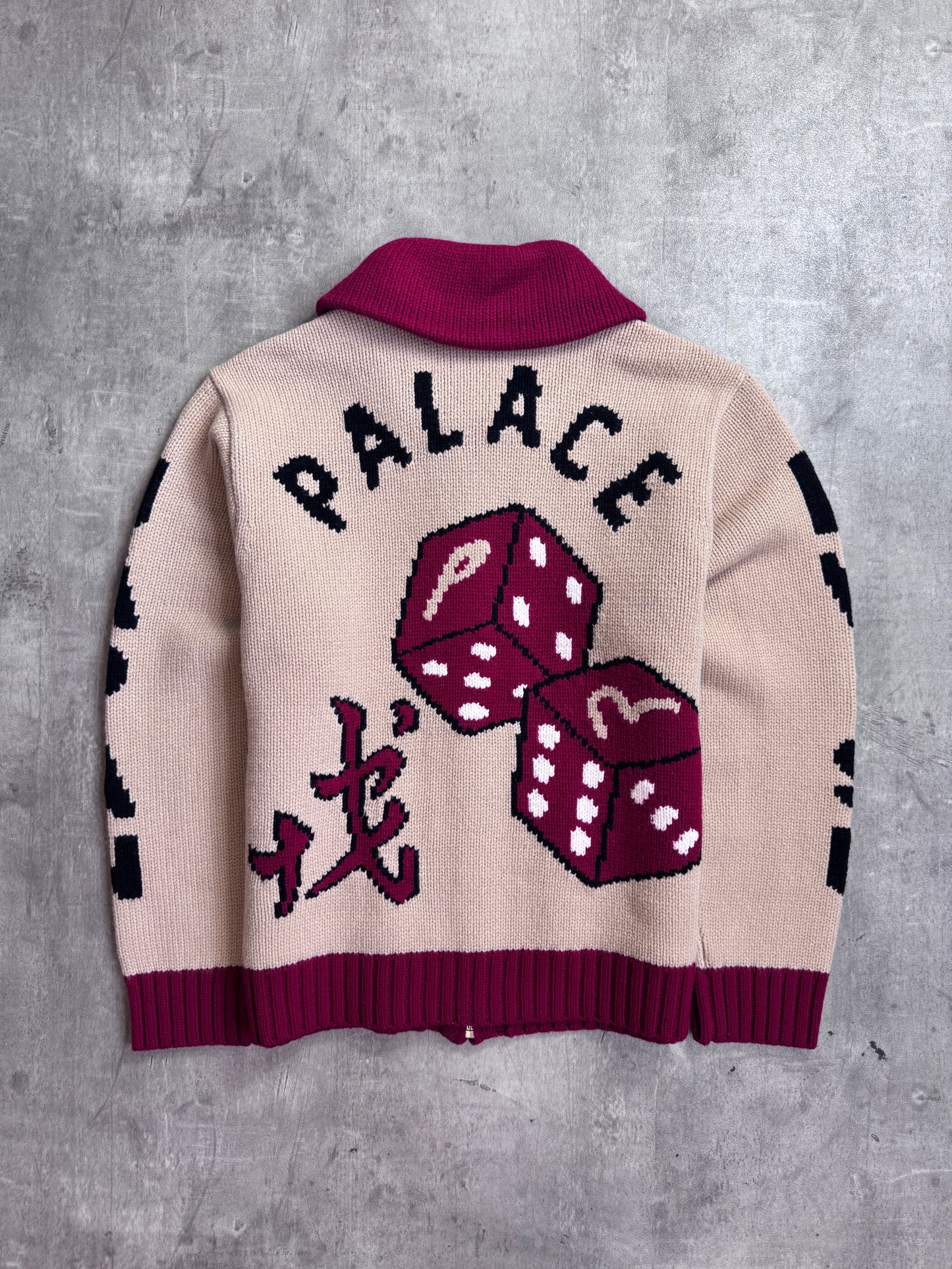 S/S 2024 Palace x Evisu Red Lined Full Zip Beige Wool Knit Cowichan Cardigan