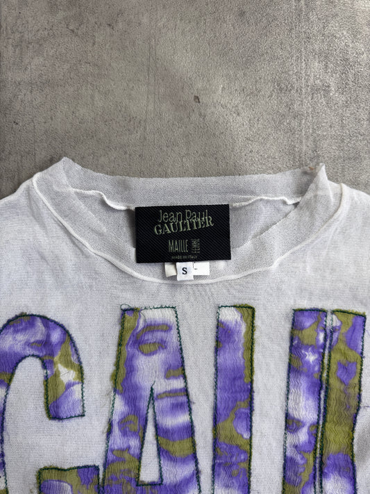 Jean Paul Gaultier Maille Femme White Mesh Raw Stitch Silk Graphic Logo L/S Tee