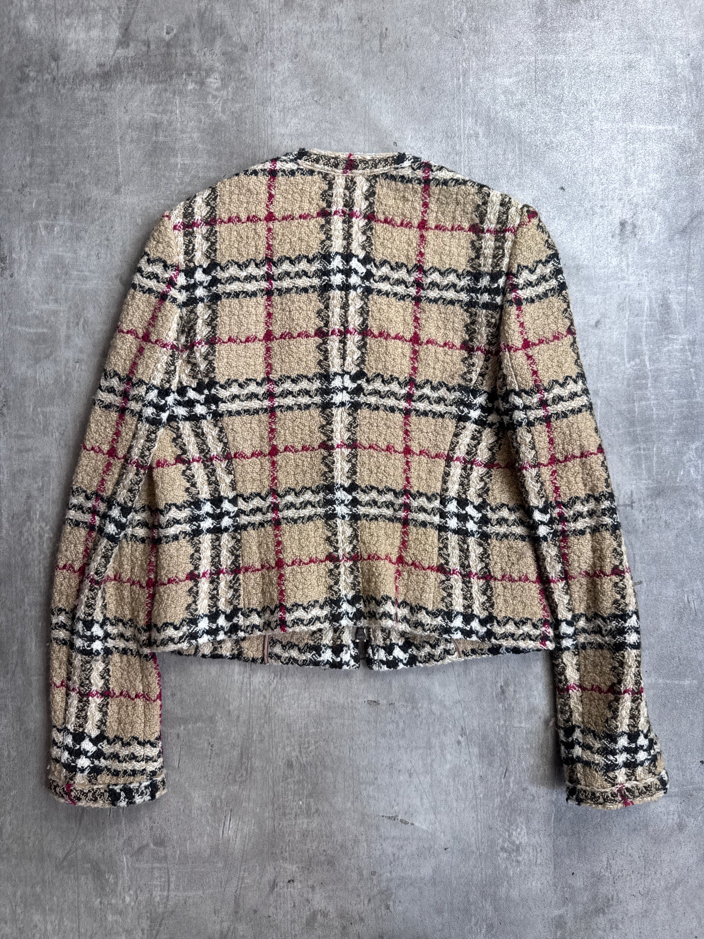 Burberry Beige House Check Full Zip Wool Cropped Jacket